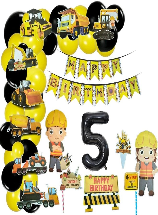 FI - FLICK IN 58 pcs JCB Construction 5th Birthday Decoration Set of Happy Birthday Cardstock Paper banner Transport Theme Dump Truck with Yellow or Black Party Decoration for Boys (Pack of 58) - Image 1